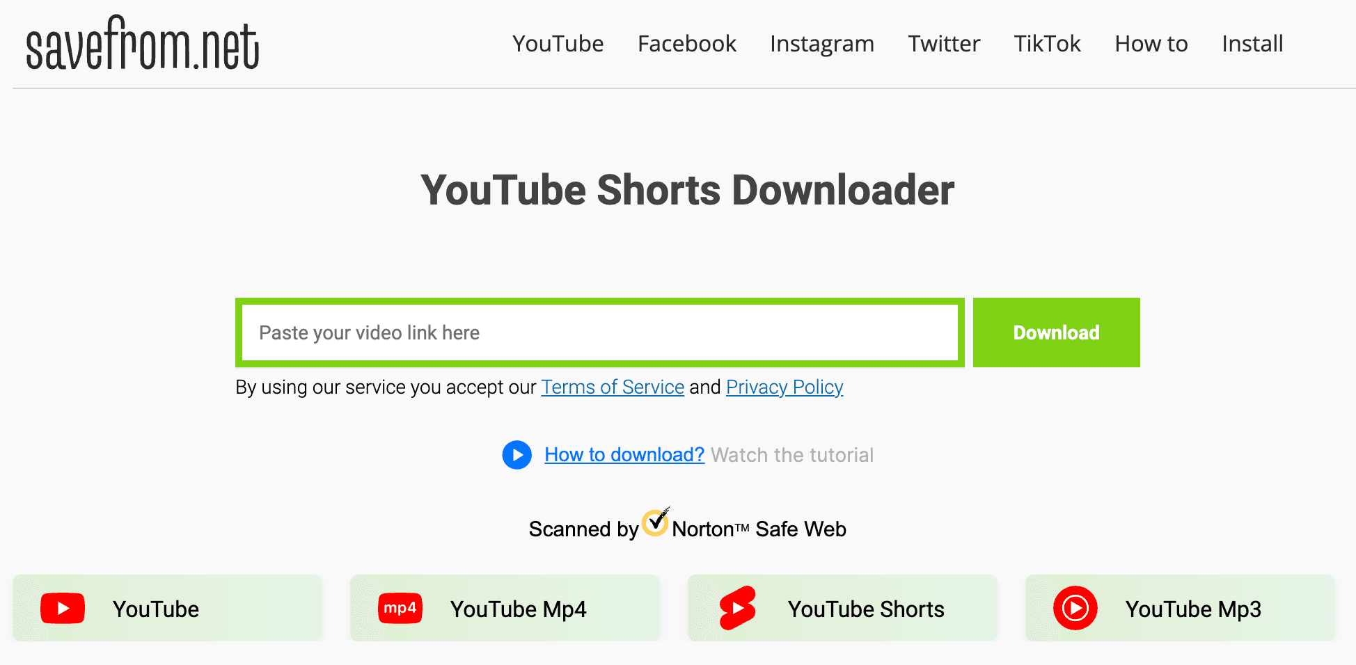 YouTube Shorts Downloader webpage for easy video downloading from YouTube, with options for YouTube, Facebook, Instagram, Twitter