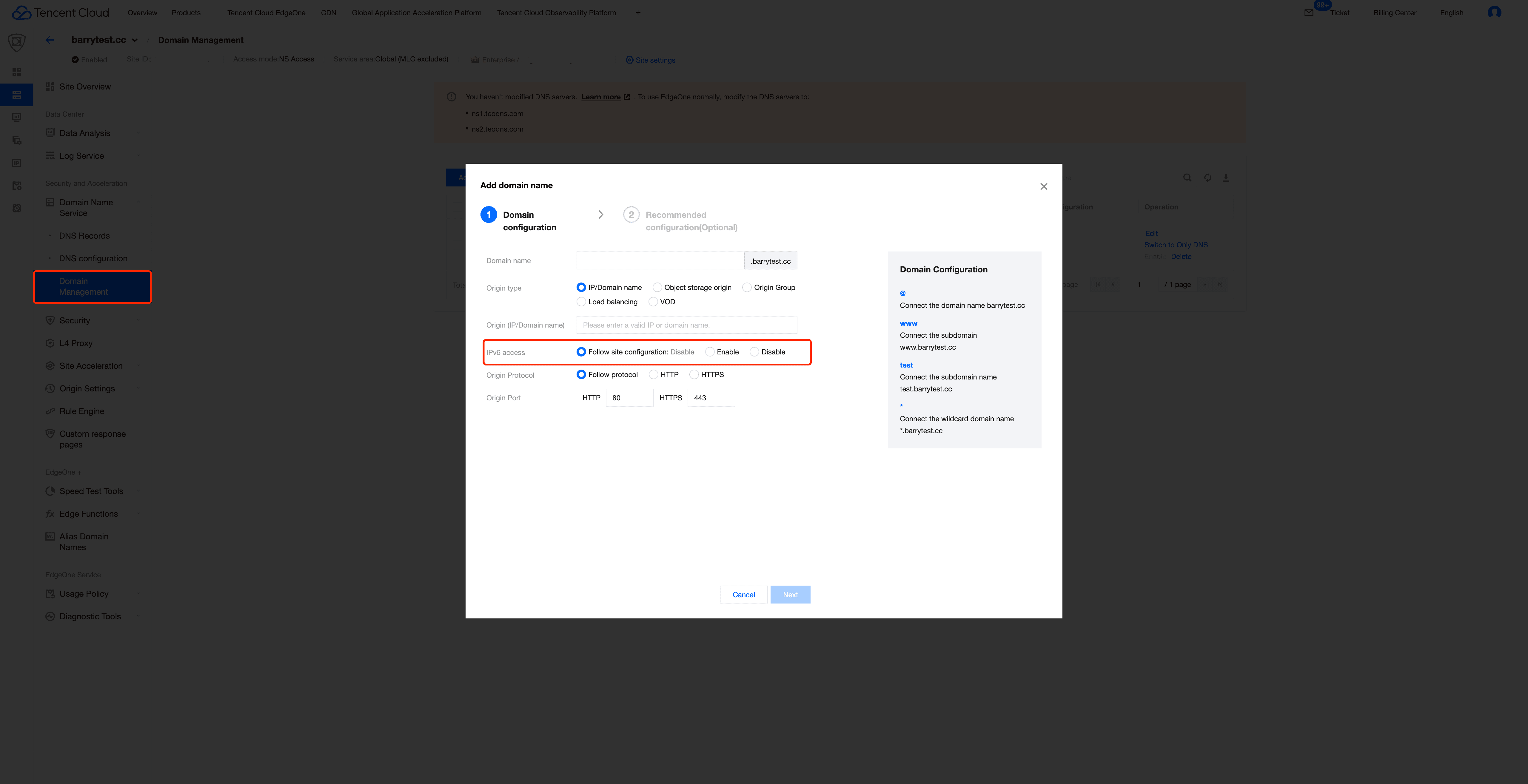 configure ipv6 in EdgeOne console