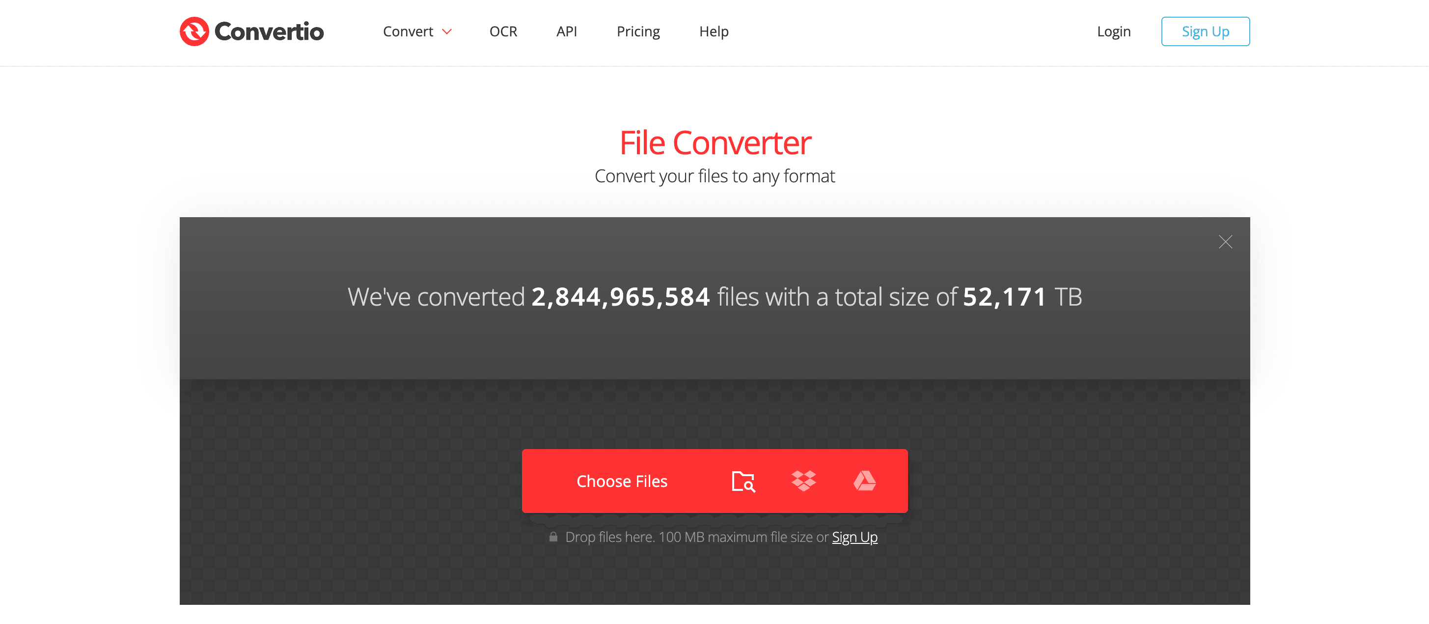 File Conversion Service - Convertio , OCR, API, Pricing, Help , Convert your files to any format , 2.84 billion files converted , 52,171 TB total size