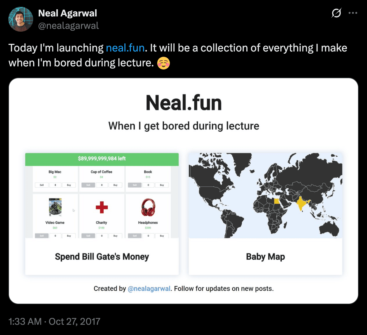 Historical screenshots of neal.fun website creation from Twitter