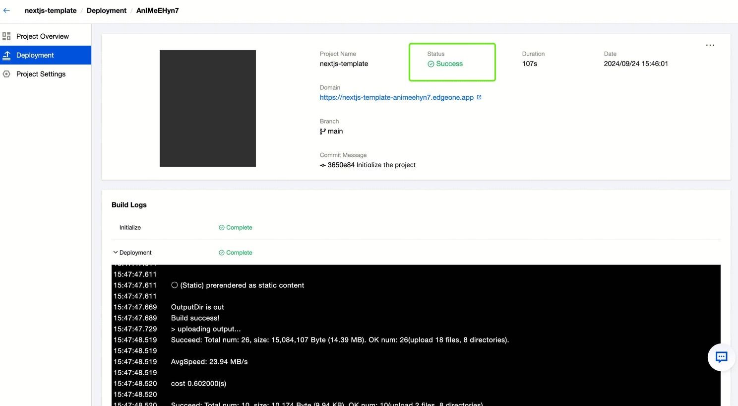 Successful Deployment , Project Overview , Next.js Template , 107s Duration , 2024/09/24 , Domain: https://nextjs-template-animeehyn7.edgeone.app
