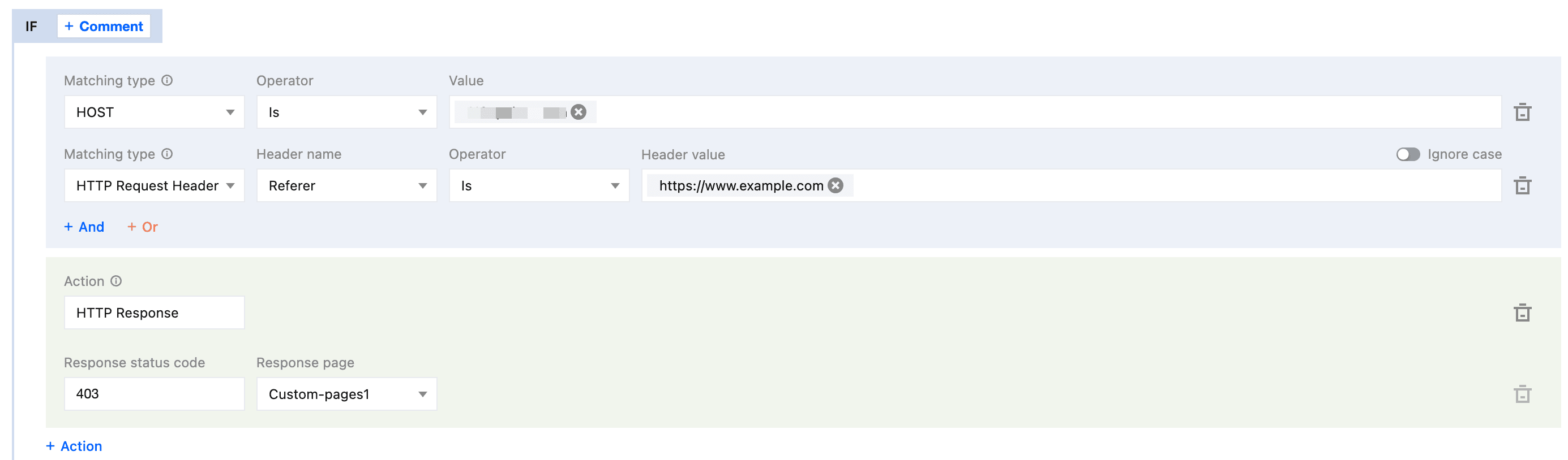 Referer anti-leeching configuration, domain restrictions, example.com, www.example.com, HTTP Referer, 403 status code, custom response page